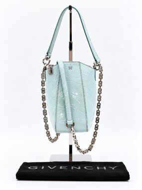 Givenchy Vintage 4G Croc Embossed Leather Mini Chain Shoulder Bag Aqua Blue